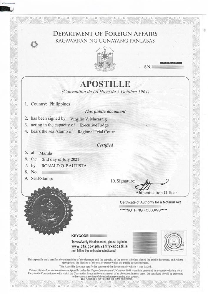 Original apostille of the Republic of the Philippines