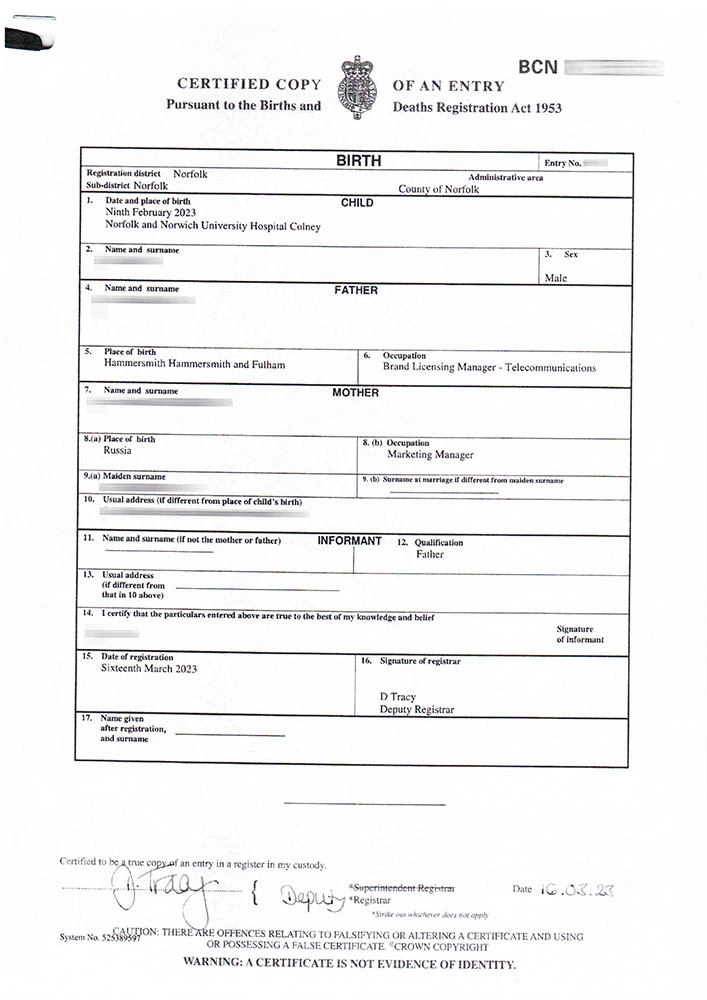 Original birth certificate in English