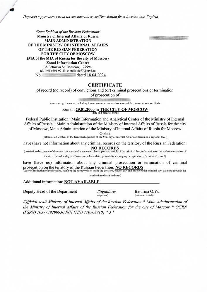 Translation of the criminal record certificate into English