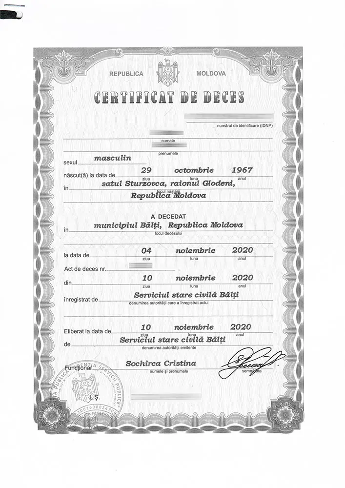 Original Moldovan death certificate