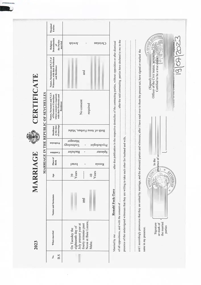 Original marriage certificate in English