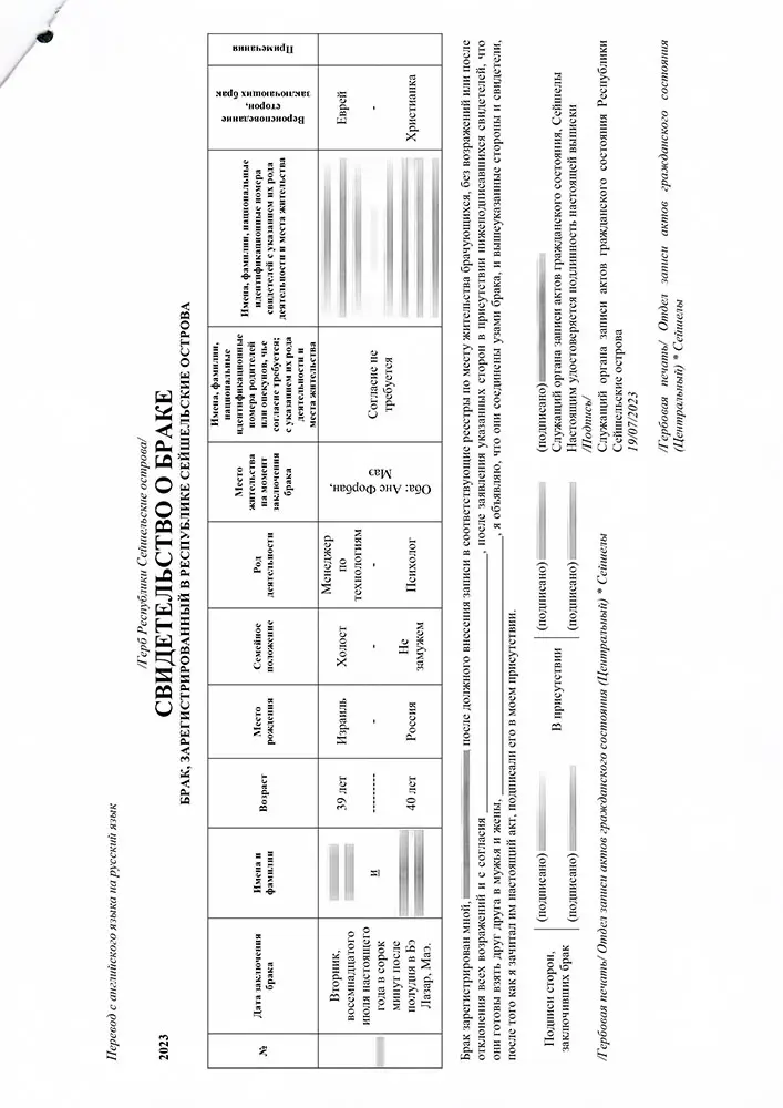 Translation of the marriage certificate into Russian